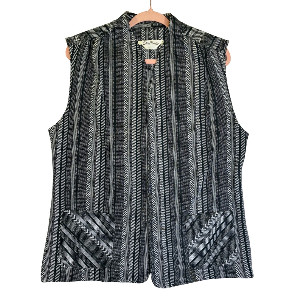 Vintage Edith Martin California L Black White Stripe Herringbone Vest Pockets